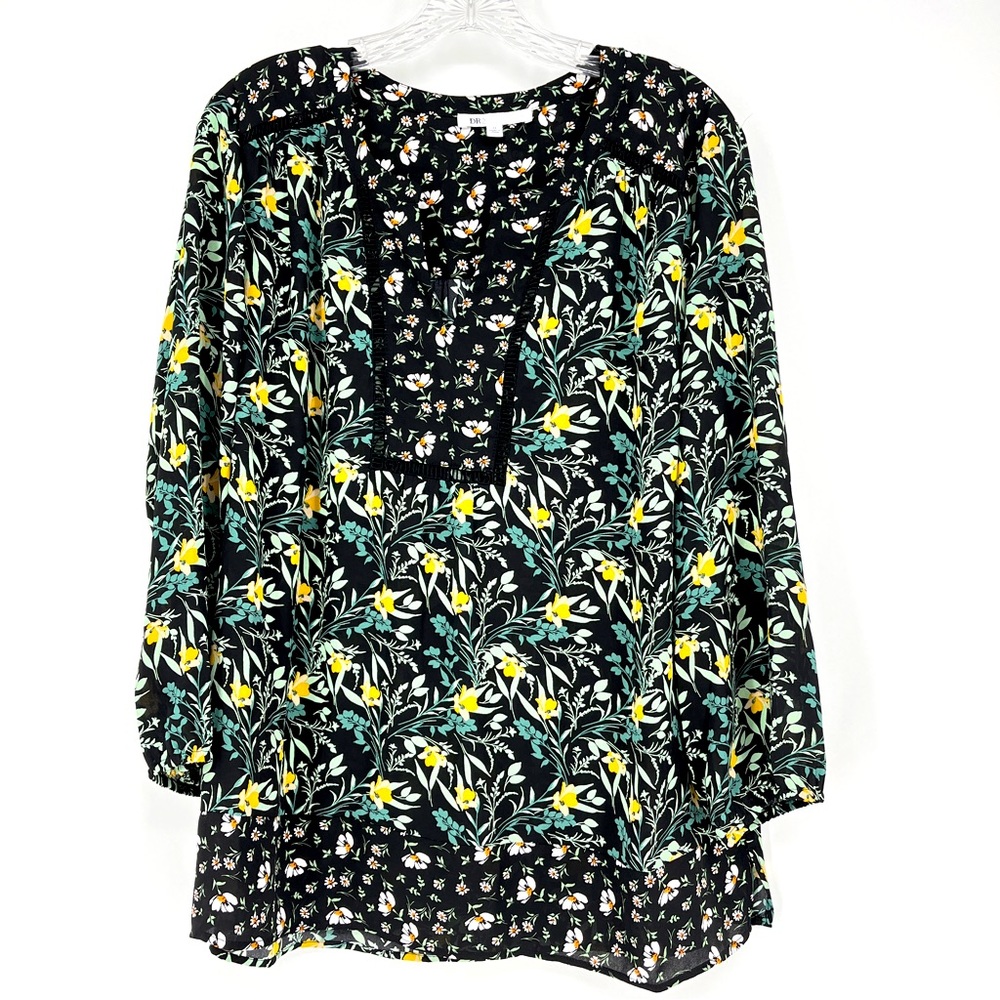 DR2 Blouse Cottage Core Black Green Multi Color Long Sleeve V Neck Size XL